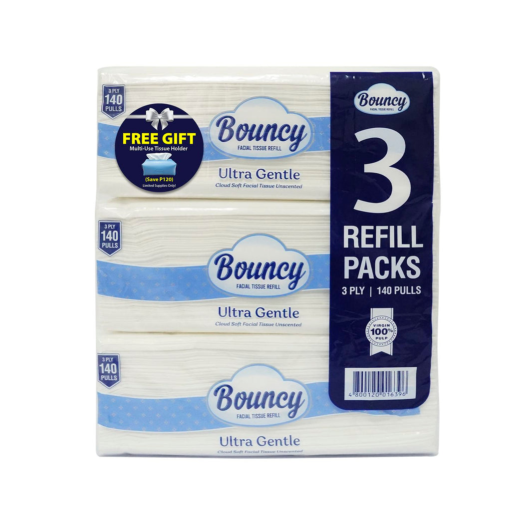 Bouncy Facial Tissue Refill 3 Ply 140 Pulls x 3 Packs with Free Leather Dispenser