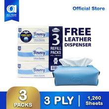 Load image into Gallery viewer, Bouncy Facial Tissue Refill 3 Ply 140 Pulls x 3 Packs with Free Leather Dispenser
